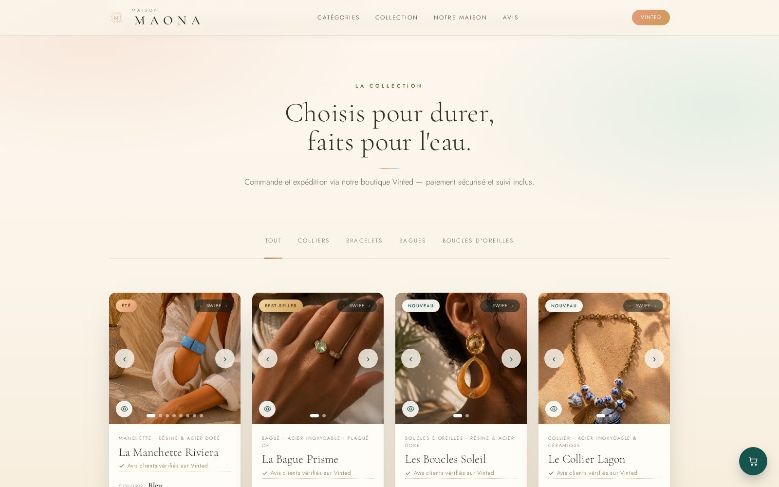 Aperçu du site e-commerce réalisé pour Maison Maona, boutique de bijoux waterproof