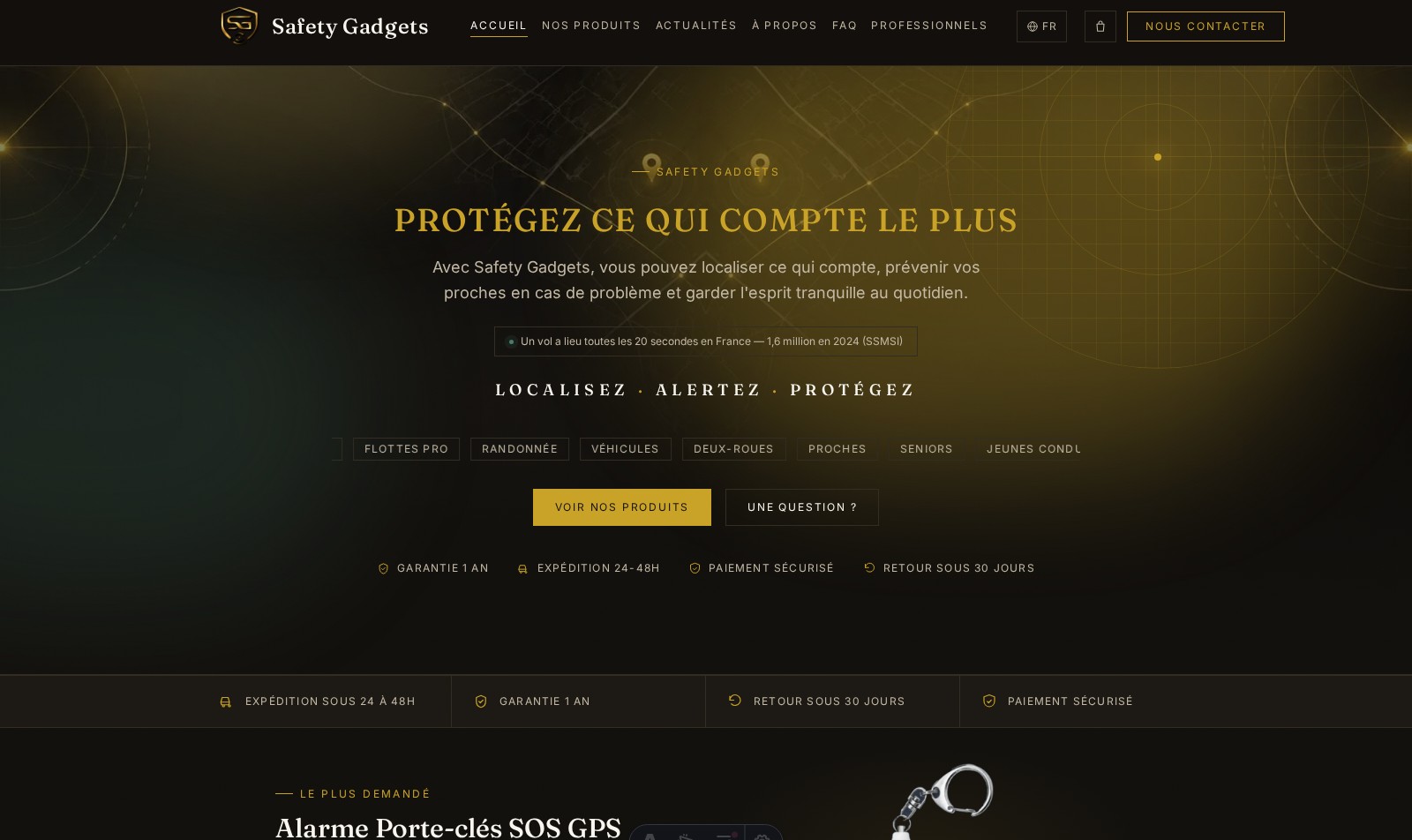 Aperçu du site e-commerce Safety Gadgets, traceurs GPS et alarmes personnelles